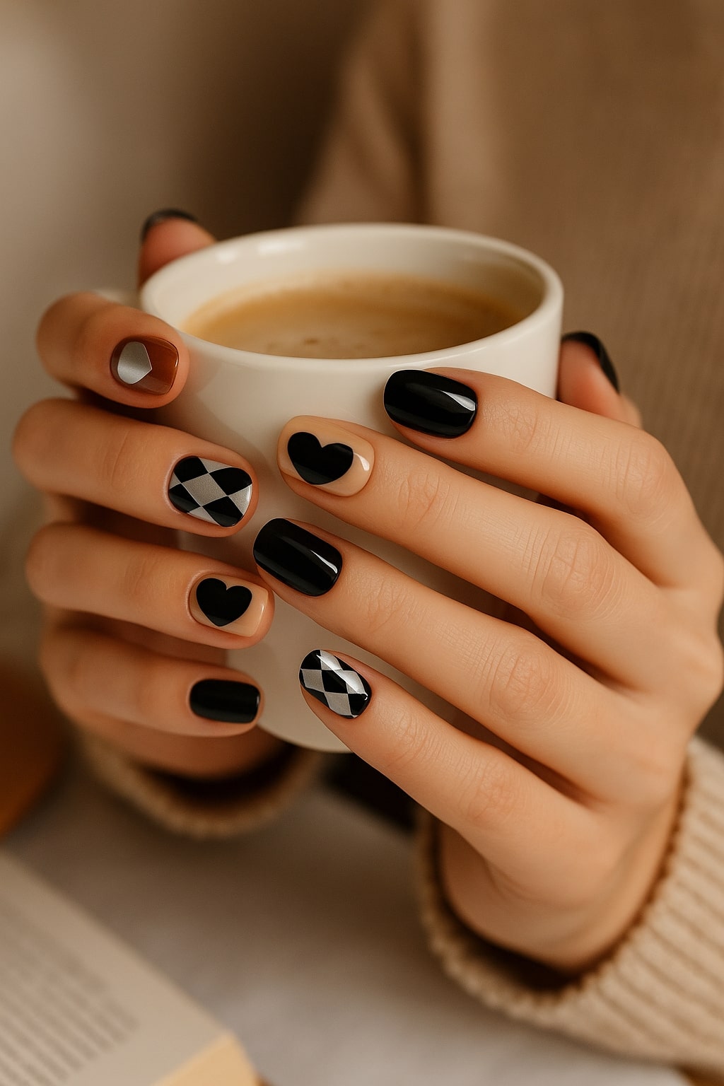 Black & Nude Press-On Nails – Hearts & Harlequin Pattern.