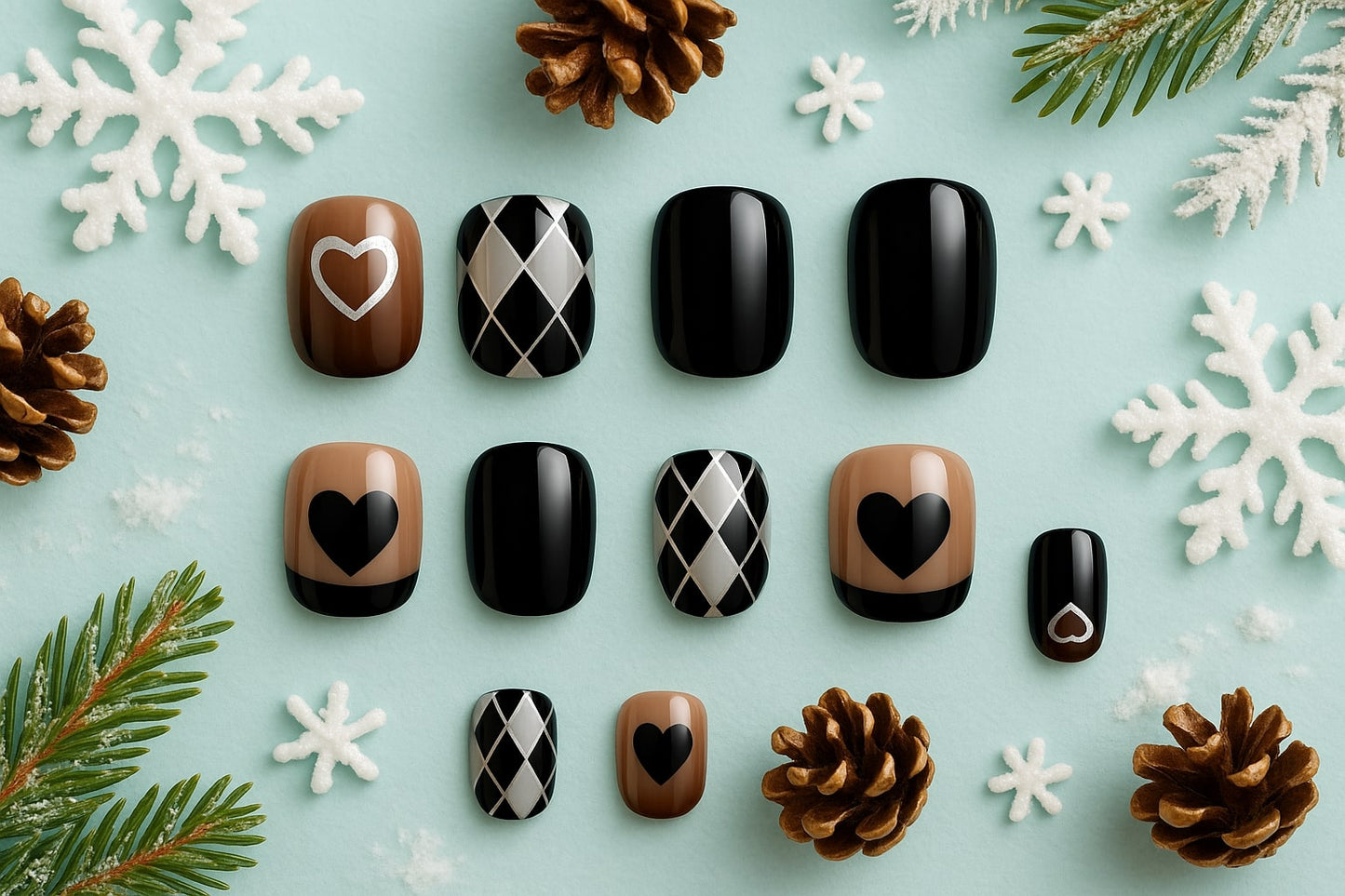 Black & Nude Press-On Nails – Hearts & Harlequin Pattern.