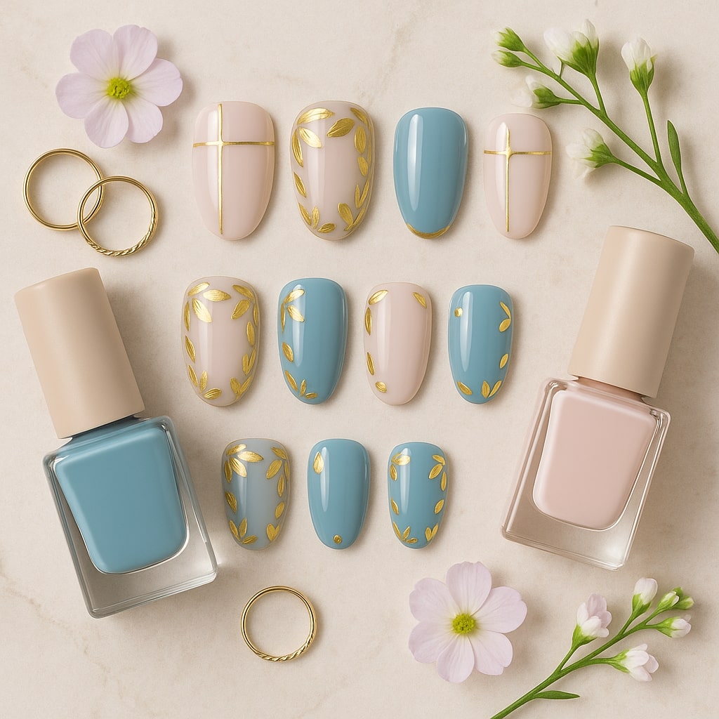 Blue & Blush Press-On Nails – Gold Leaf Accents