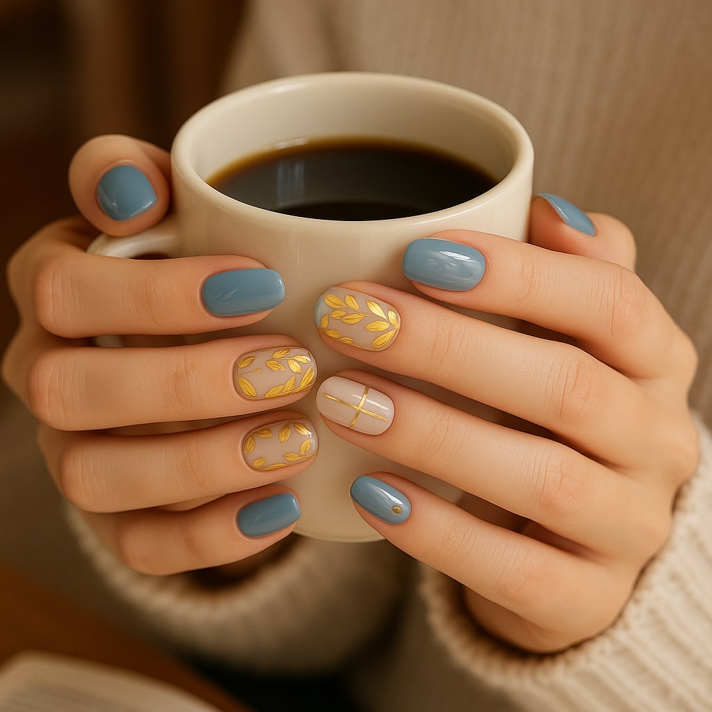 Blue & Blush Press-On Nails – Gold Leaf Accents