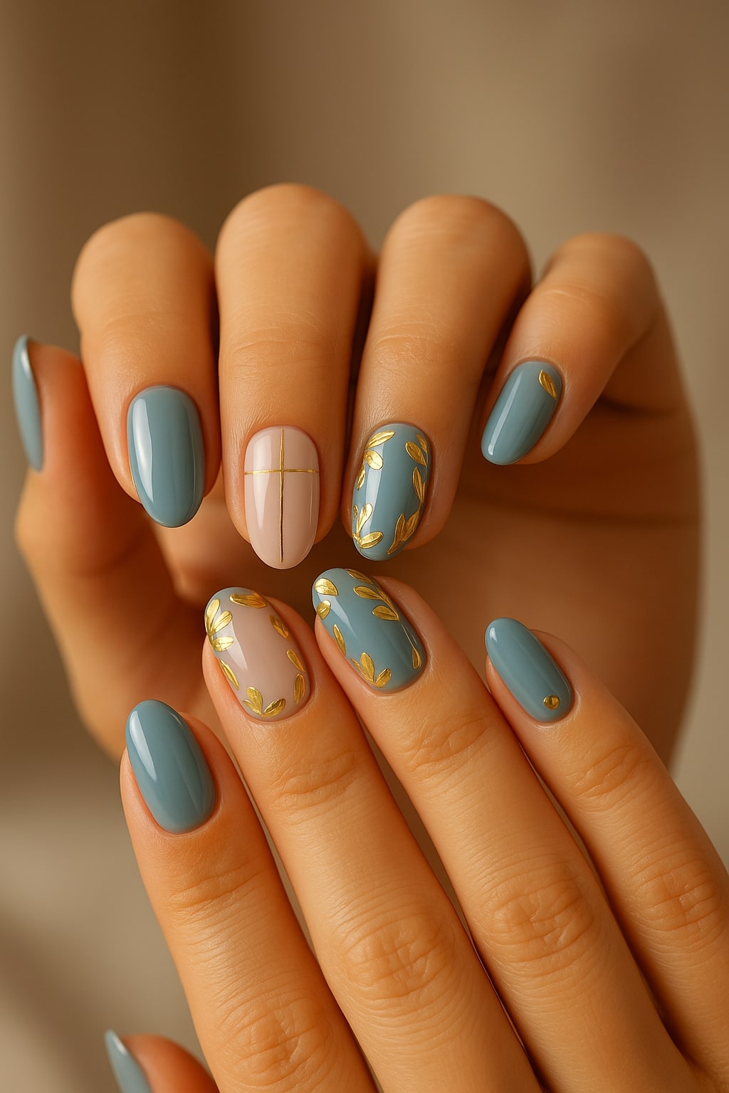 Blue & Blush Press-On Nails – Gold Leaf Accents