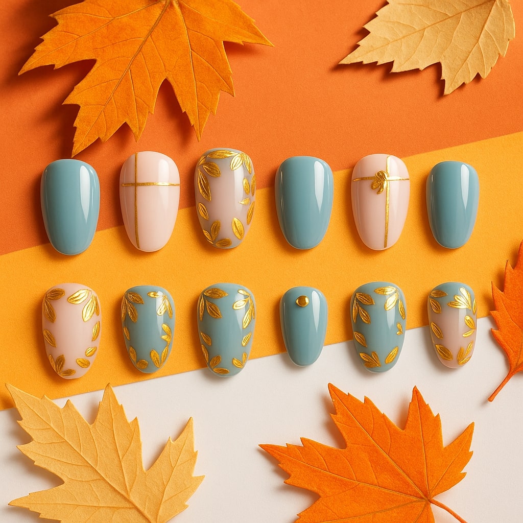 Blue & Blush Press On Nails – Gold Leaf Accents
