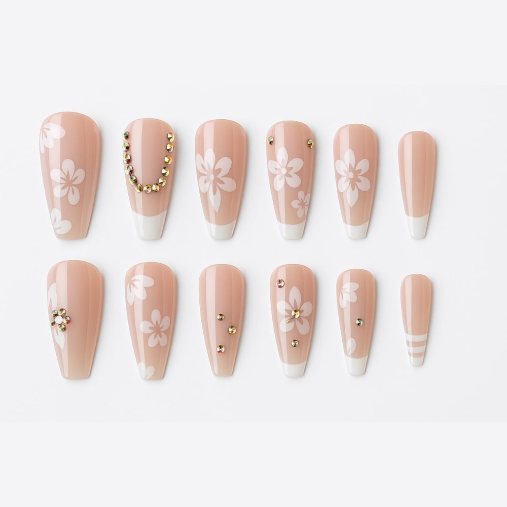 Blush Floral Press-On Nails – Glossy Rhinestone Blossom Design.