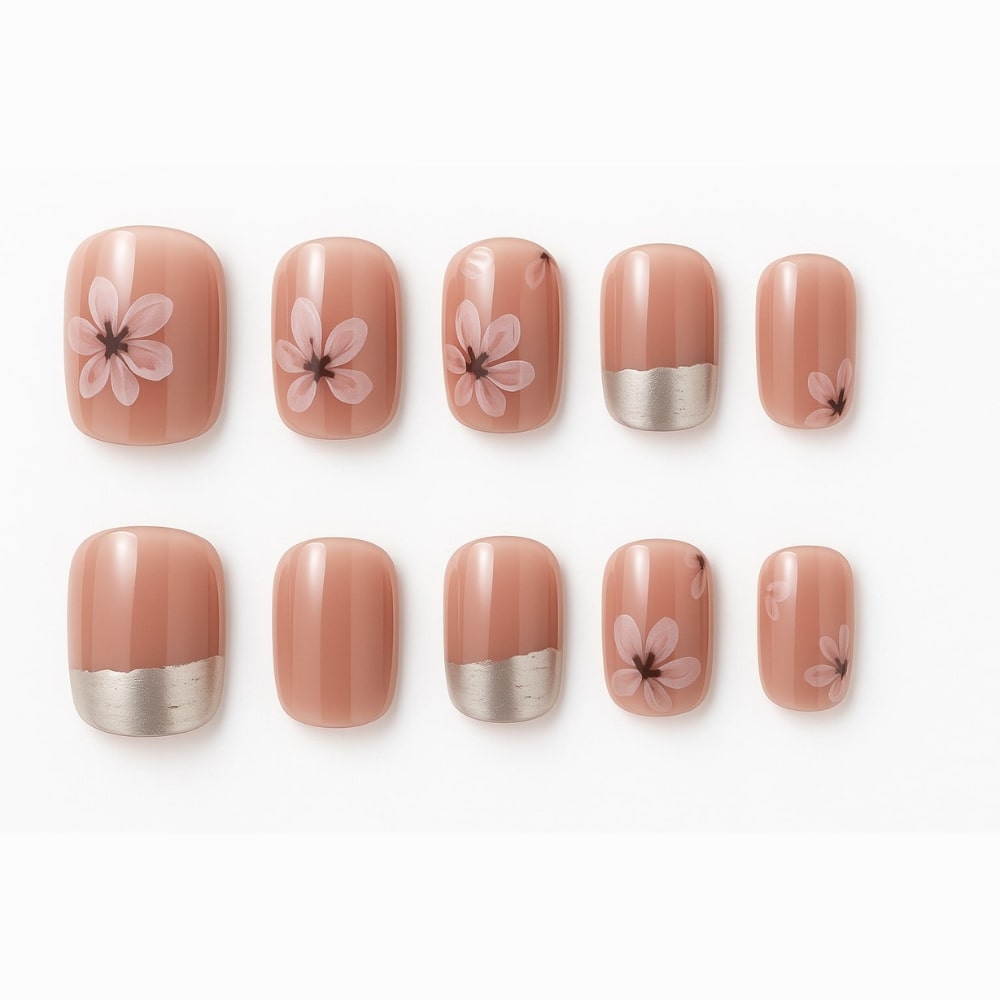 Blush Pink Press-On Nails – Silver Tips & Floral Accents.