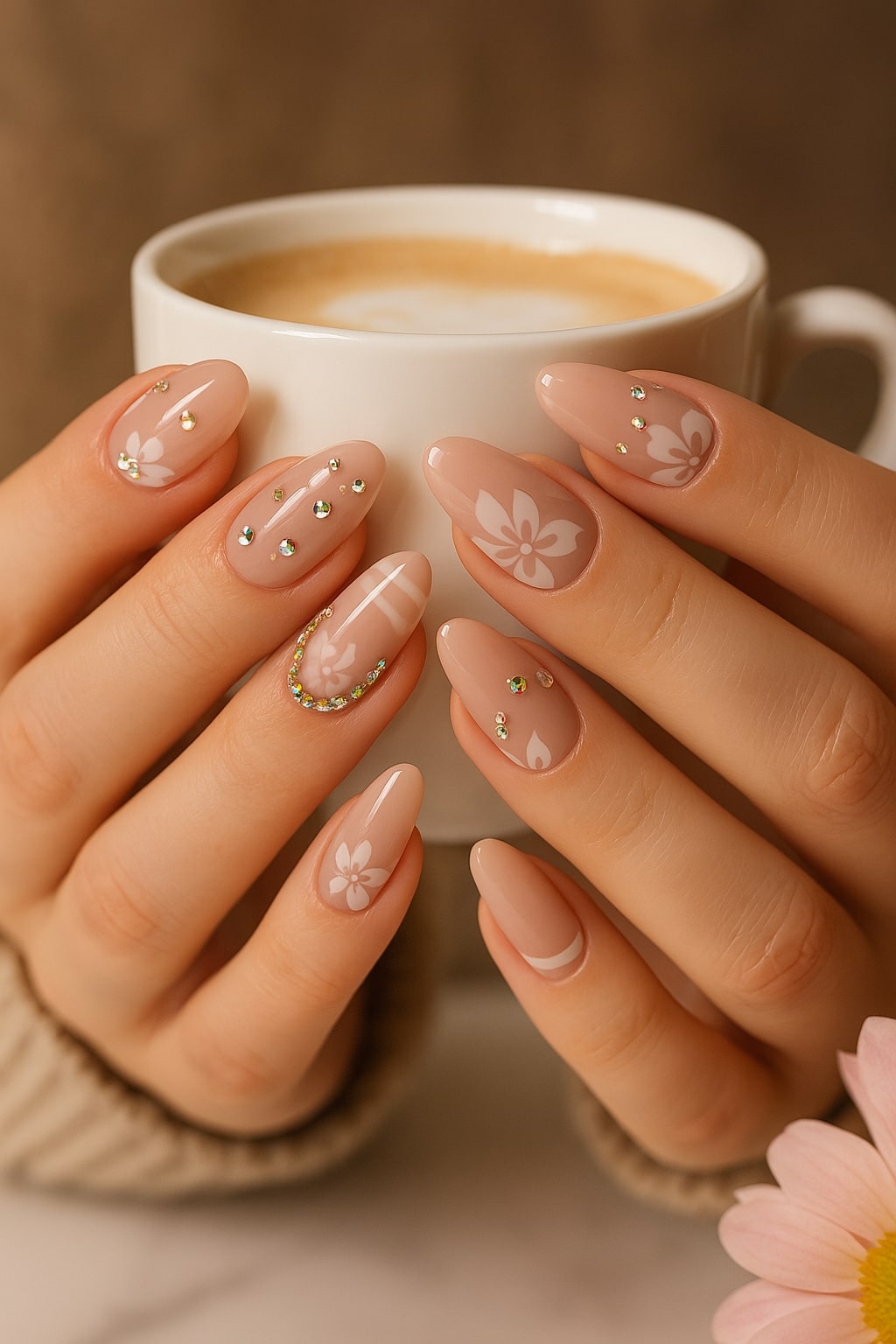 Blush Floral Press-On Nails – Glossy Rhinestone Blossom Design.