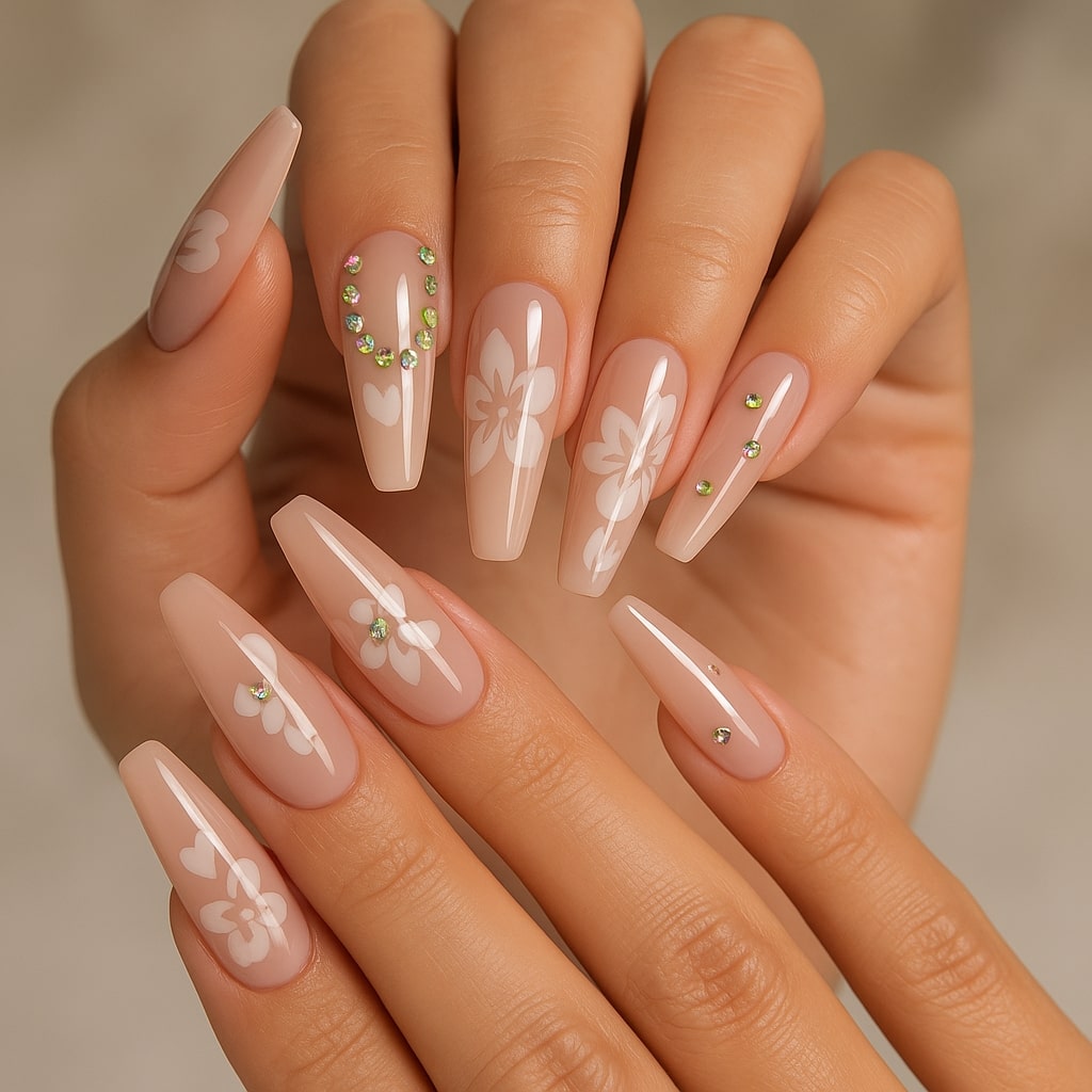 Blush Floral Press-On Nails – Glossy Rhinestone Blossom Design.