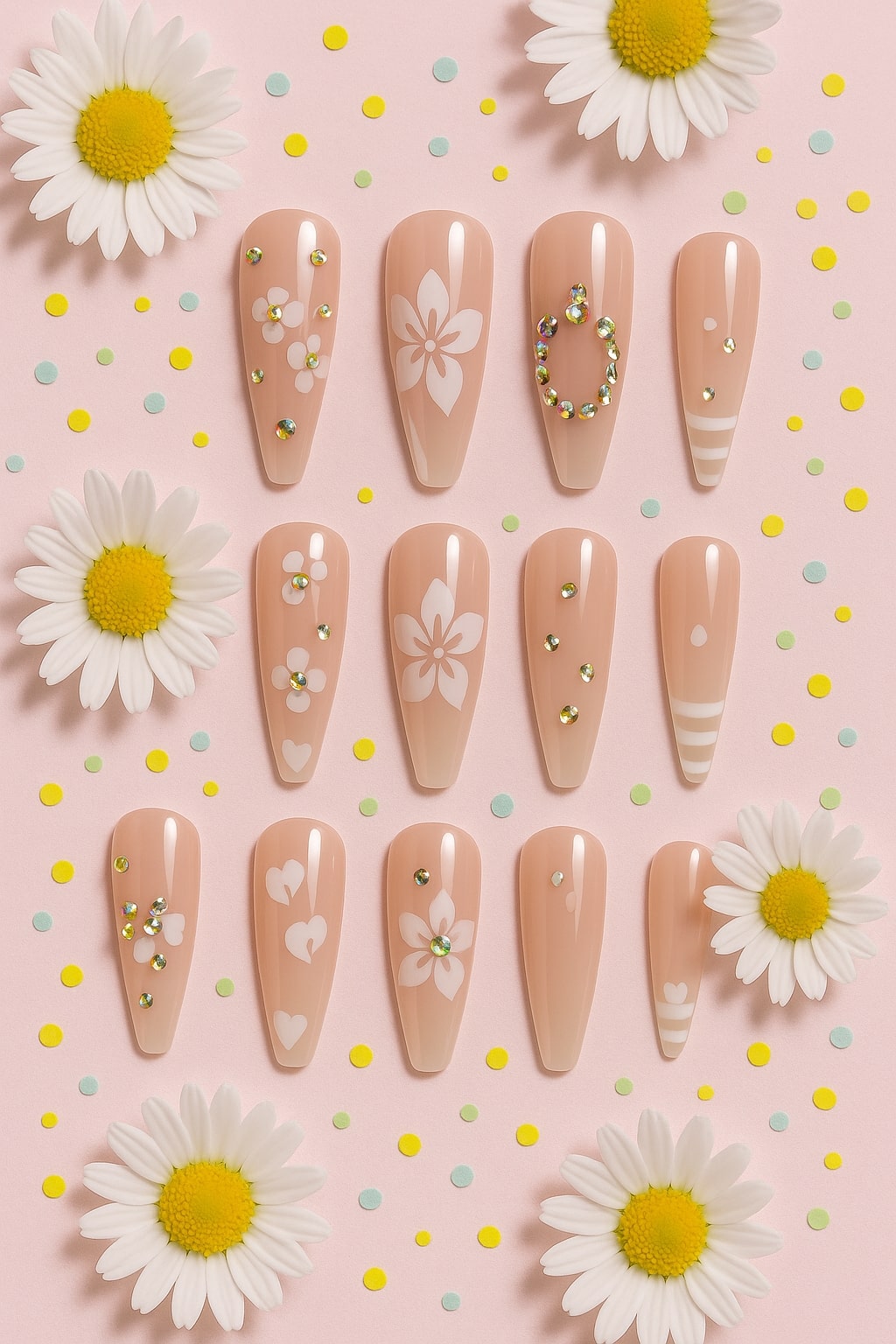 Blush Floral Press-On Nails – Glossy Rhinestone Blossom Design.