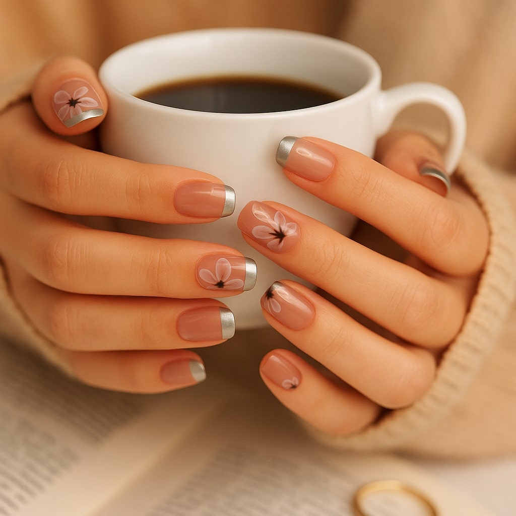 Blush Pink Press-On Nails – Silver Tips & Floral Accents.