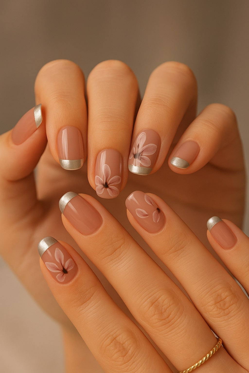 Blush Pink Press-On Nails – Silver Tips & Floral Accents.