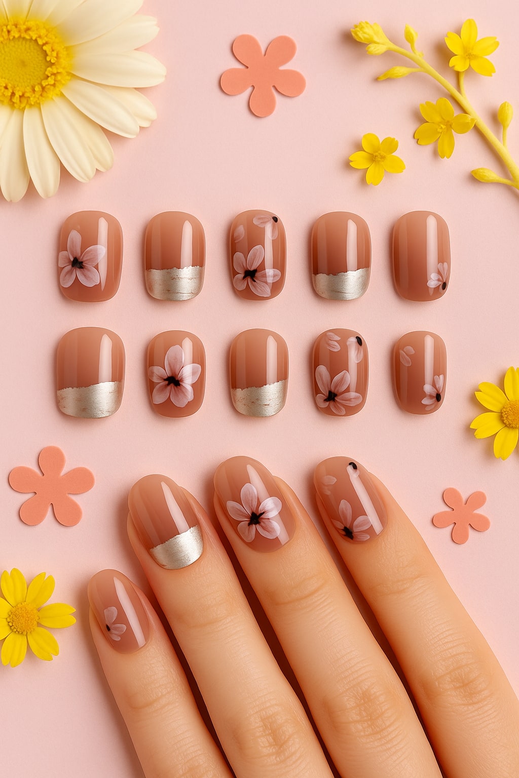 Blush Pink Press-On Nails – Silver Tips & Floral Accents.