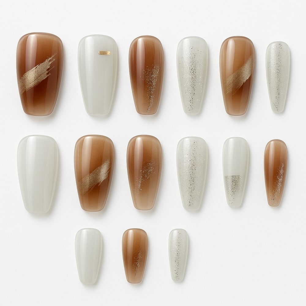 Brown & Ivory Press-On Nails – Gold Glitter Marble Elegance.