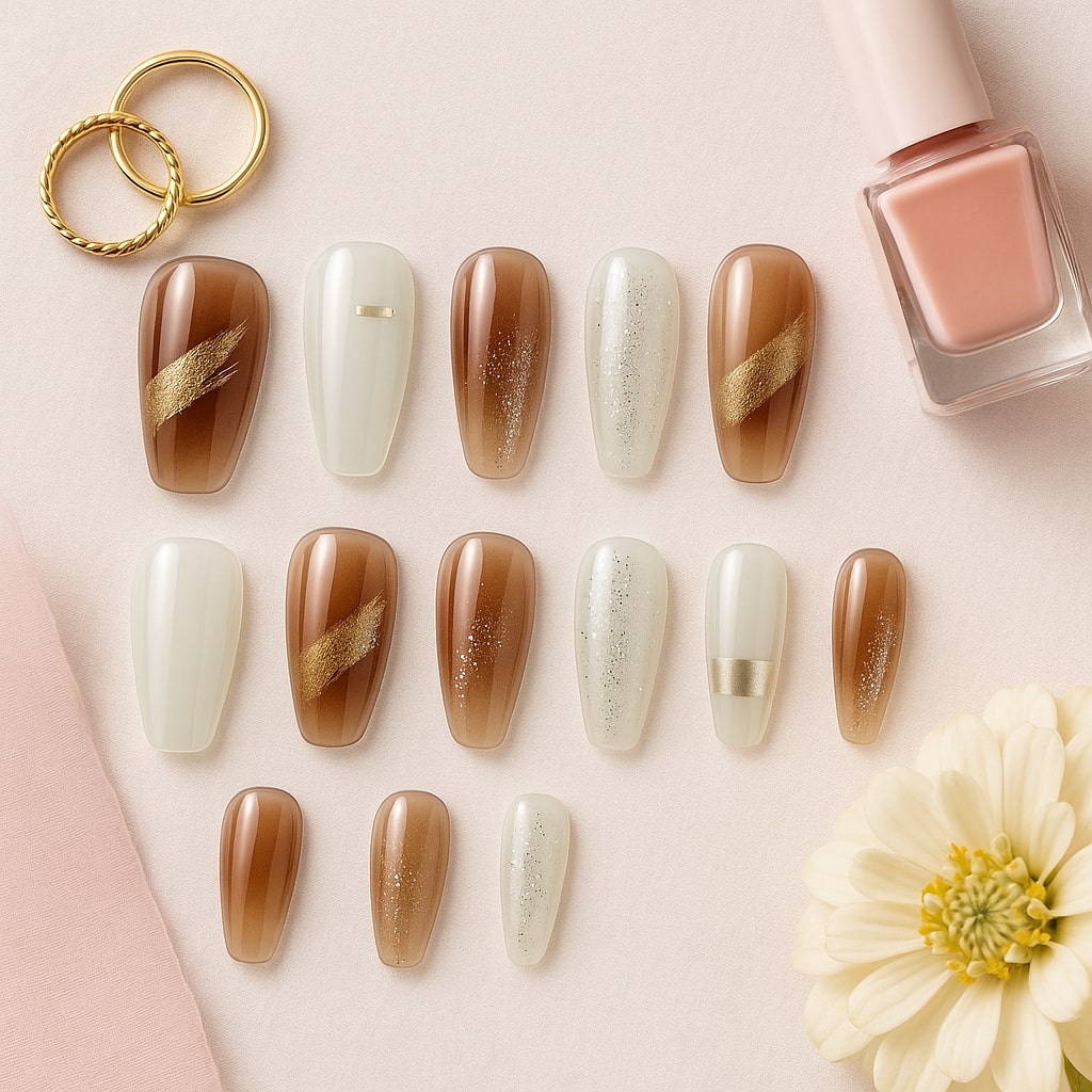 Brown & Ivory Press-On Nails – Gold Glitter Marble Elegance.