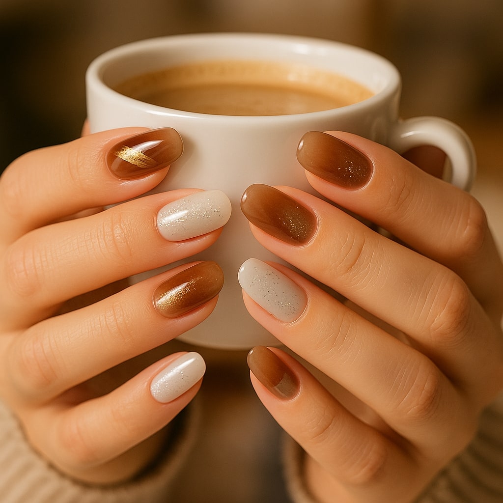 Brown & Ivory Press-On Nails – Gold Glitter Marble Elegance.