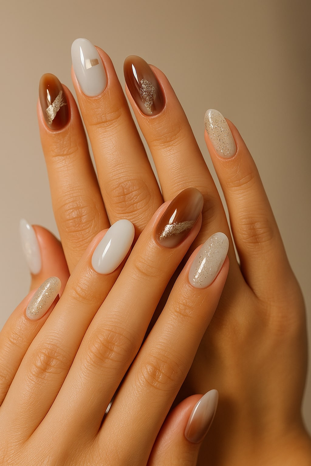 Brown & Ivory Press-On Nails – Gold Glitter Marble Elegance.