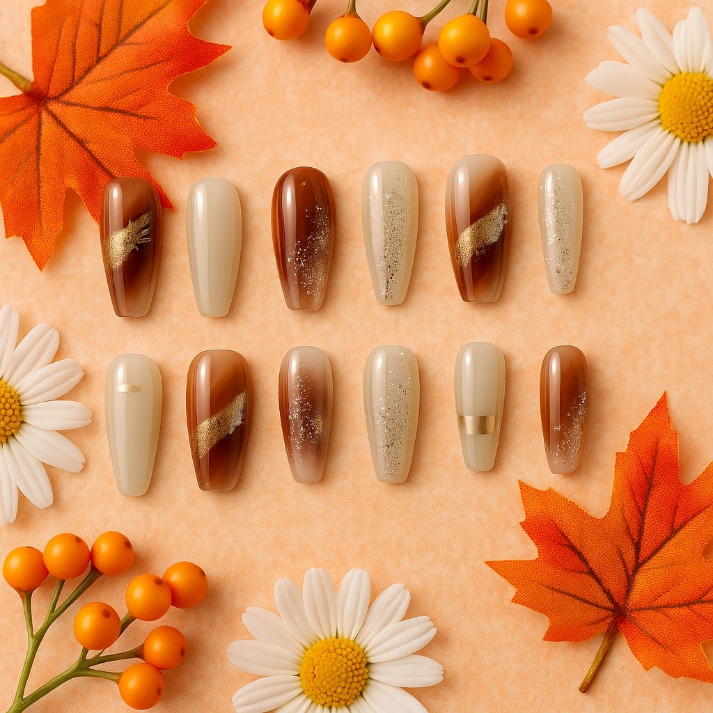Brown & Ivory Press-On Nails – Gold Glitter Marble Elegance.