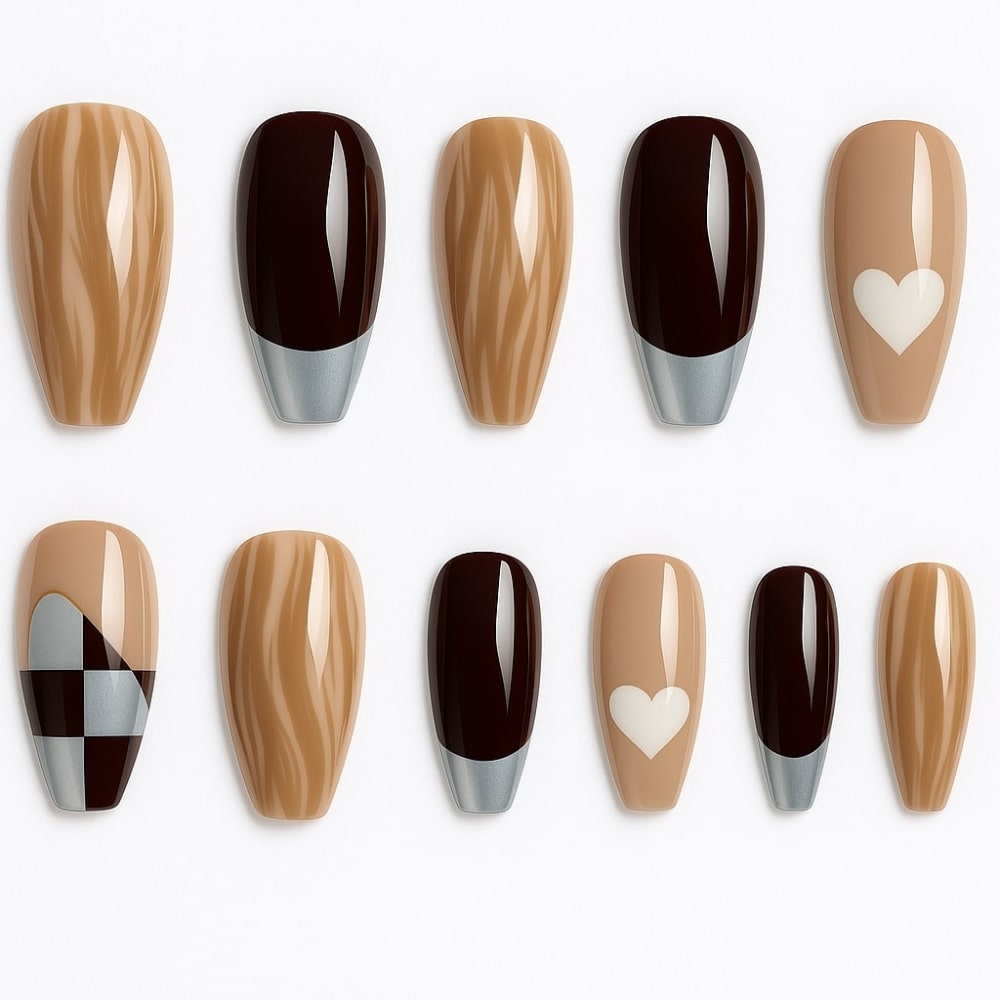 Brown & Nude Press-On Nails – Glossy Marble & Heart Accents.