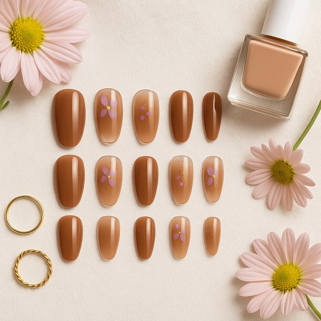 Brown Nude Press-On Nails – Glossy Floral Accent Design.