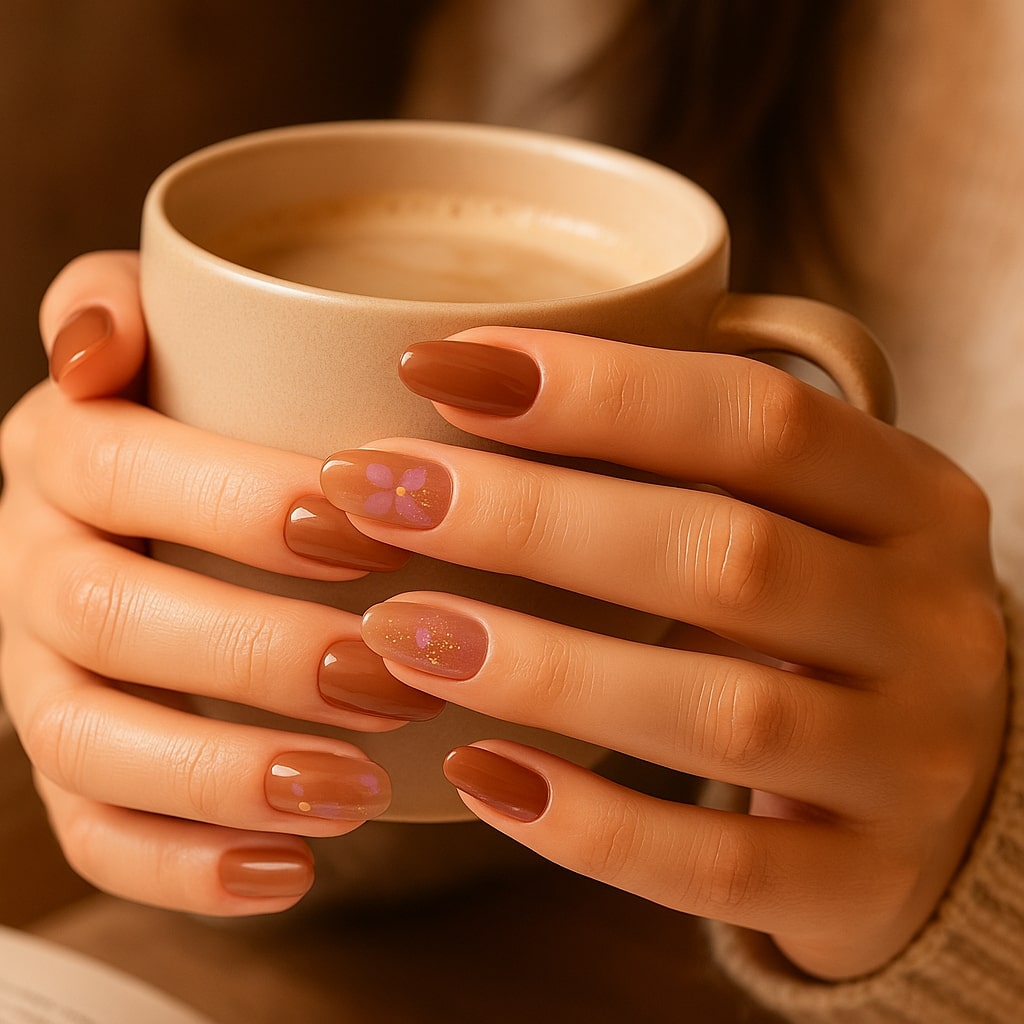 Brown Nude Press-On Nails – Glossy Floral Accent Design.