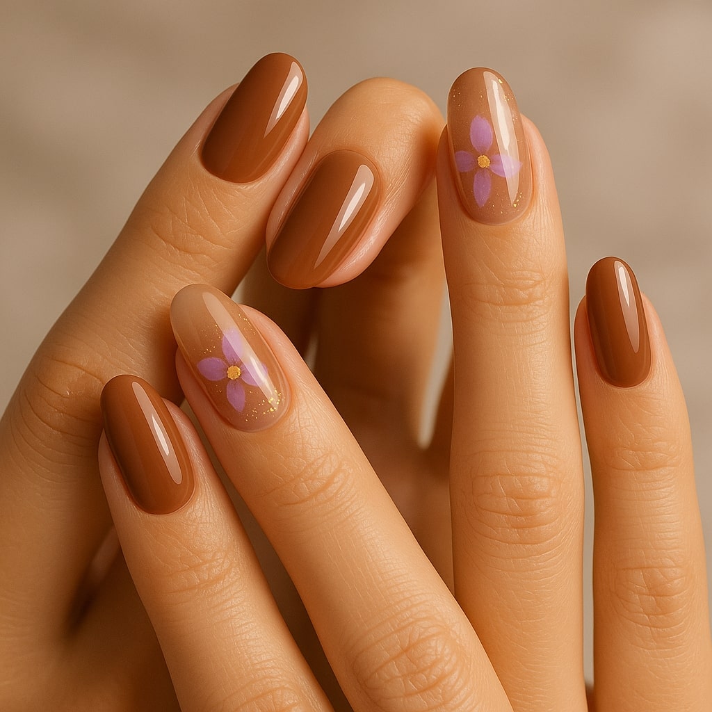 Brown Nude Press-On Nails – Glossy Floral Accent Design.