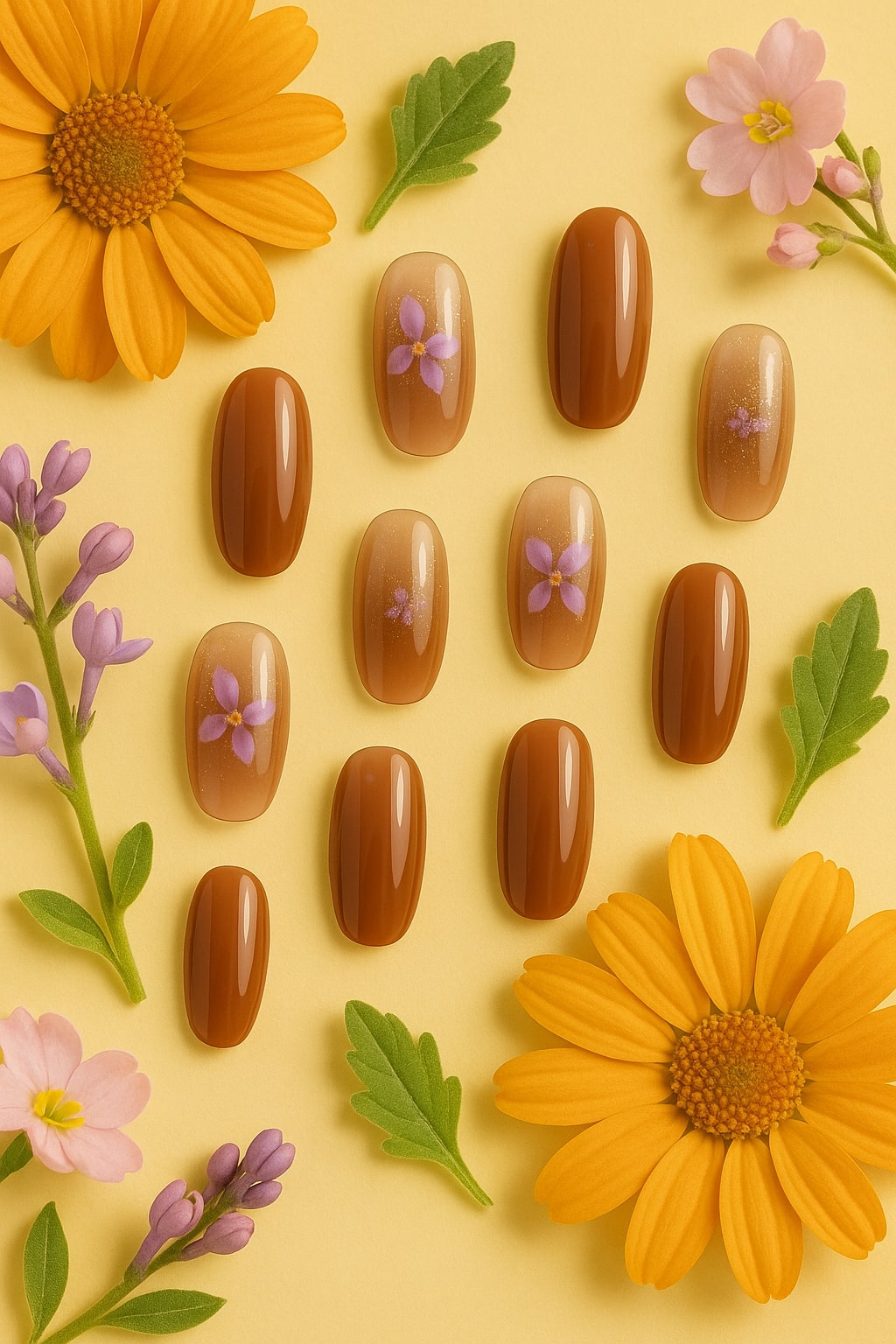 Brown Nude Press-On Nails – Glossy Floral Accent Design.