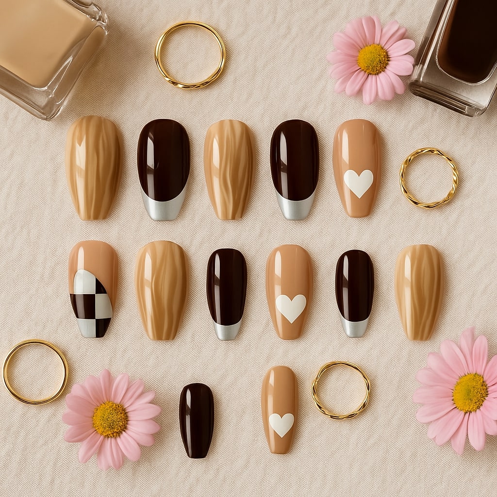 Brown & Nude Press-On Nails – Glossy Marble & Heart Accents.