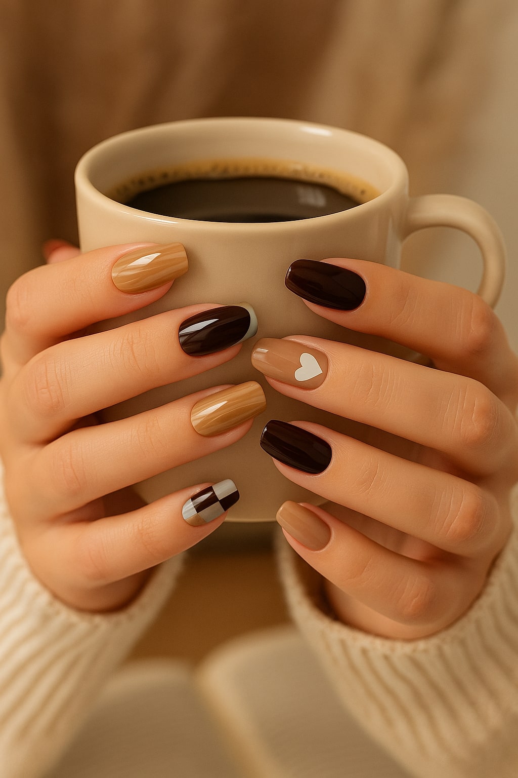 Brown & Nude Press-On Nails – Glossy Marble & Heart Accents.