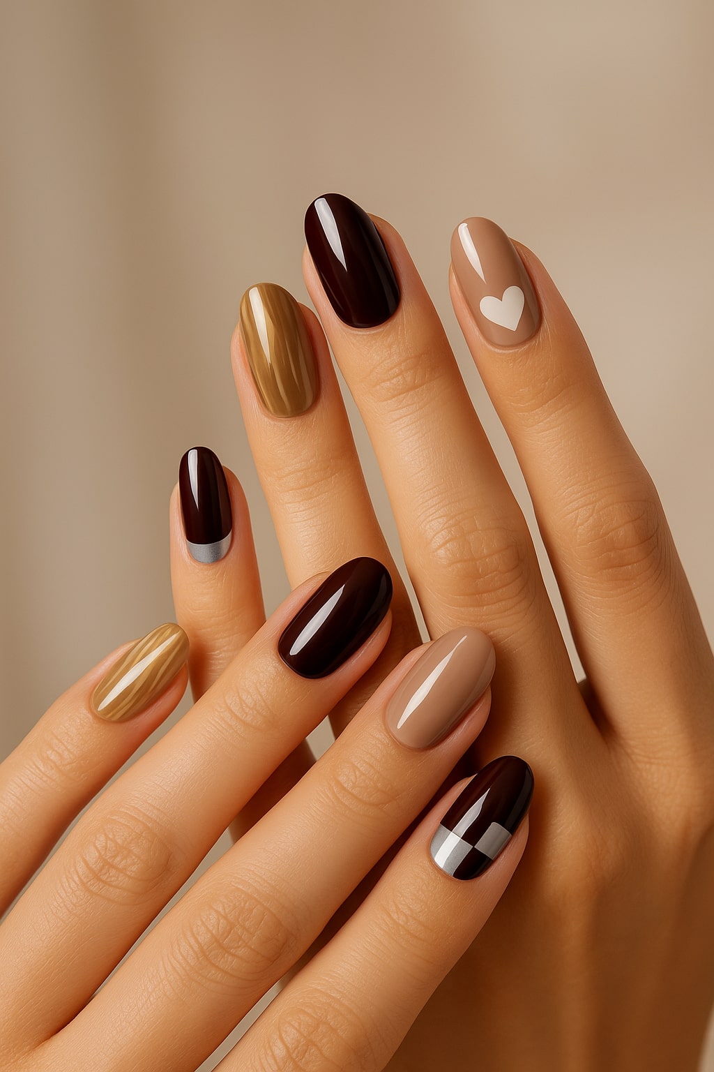 Brown & Nude Press-On Nails – Glossy Marble & Heart Accents.