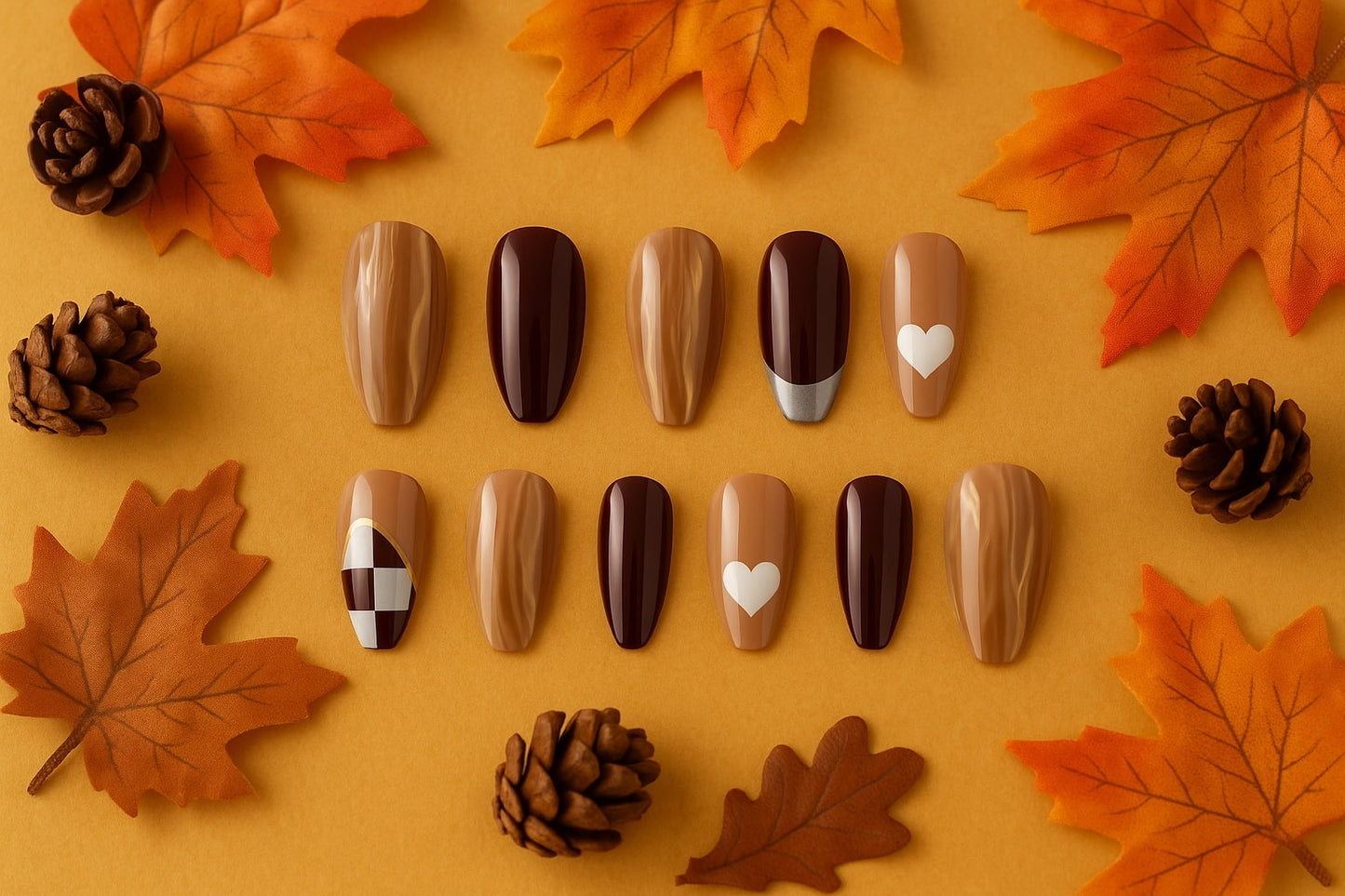 Brown & Nude Press-On Nails – Glossy Marble & Heart Accents.