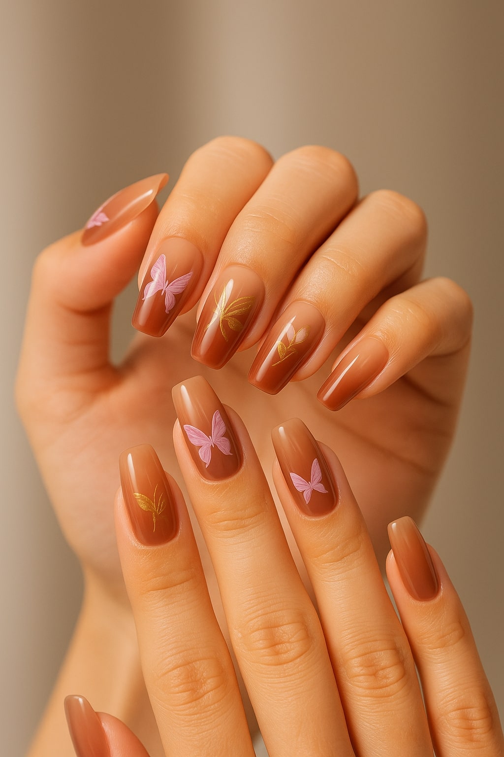 Brown Ombre Press-On Nails – Pink Butterfly Elegance.