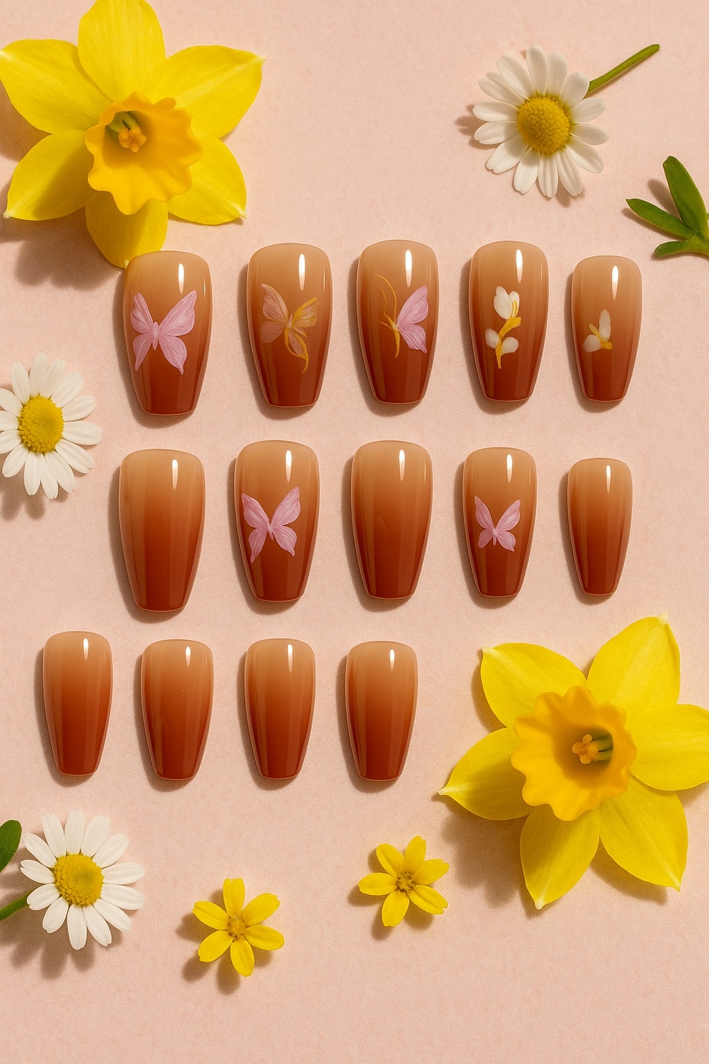 Brown Ombre Press-On Nails – Pink Butterfly Elegance.