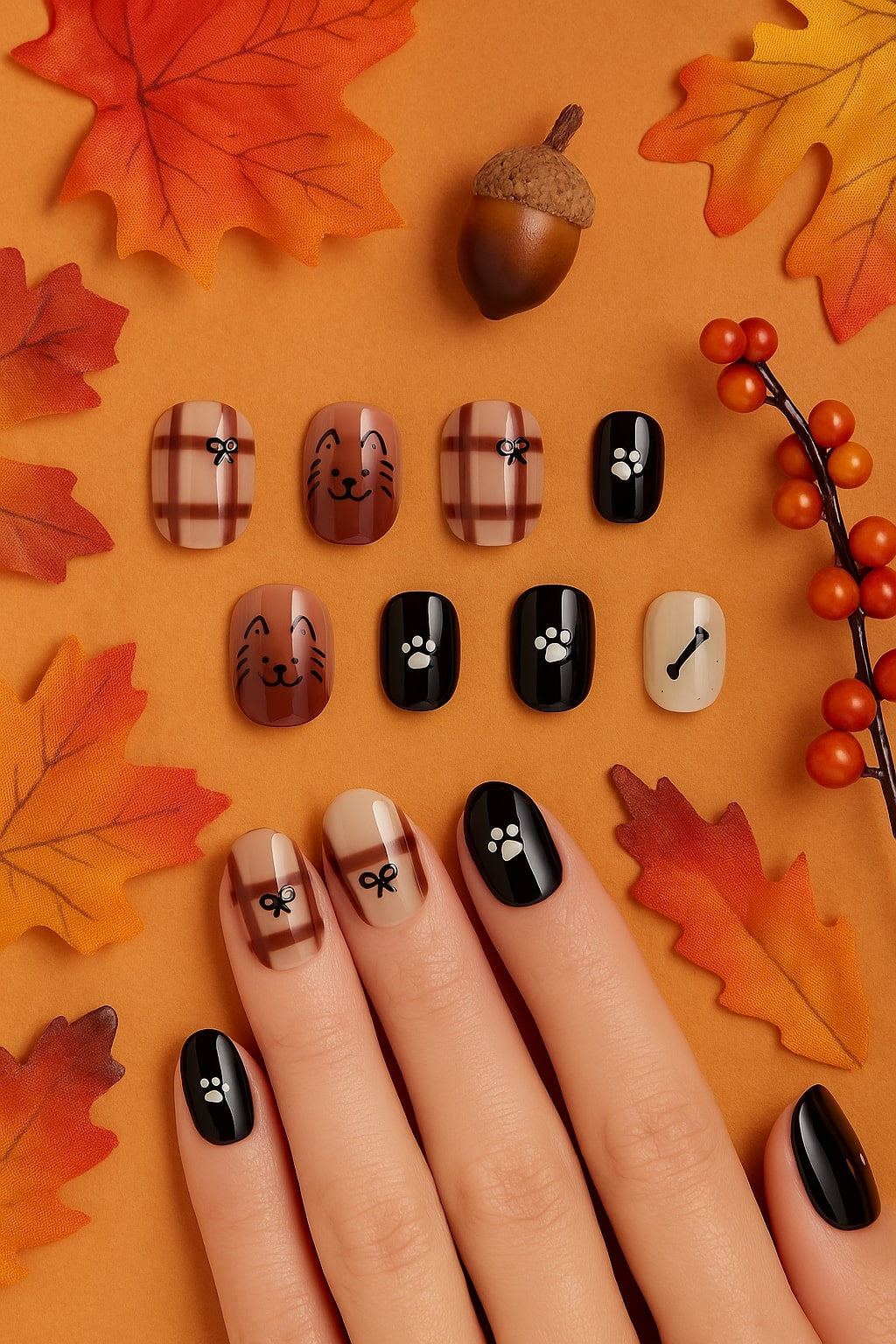 Brown Plaid Press-On Nails – Dog Paw & Bone Design