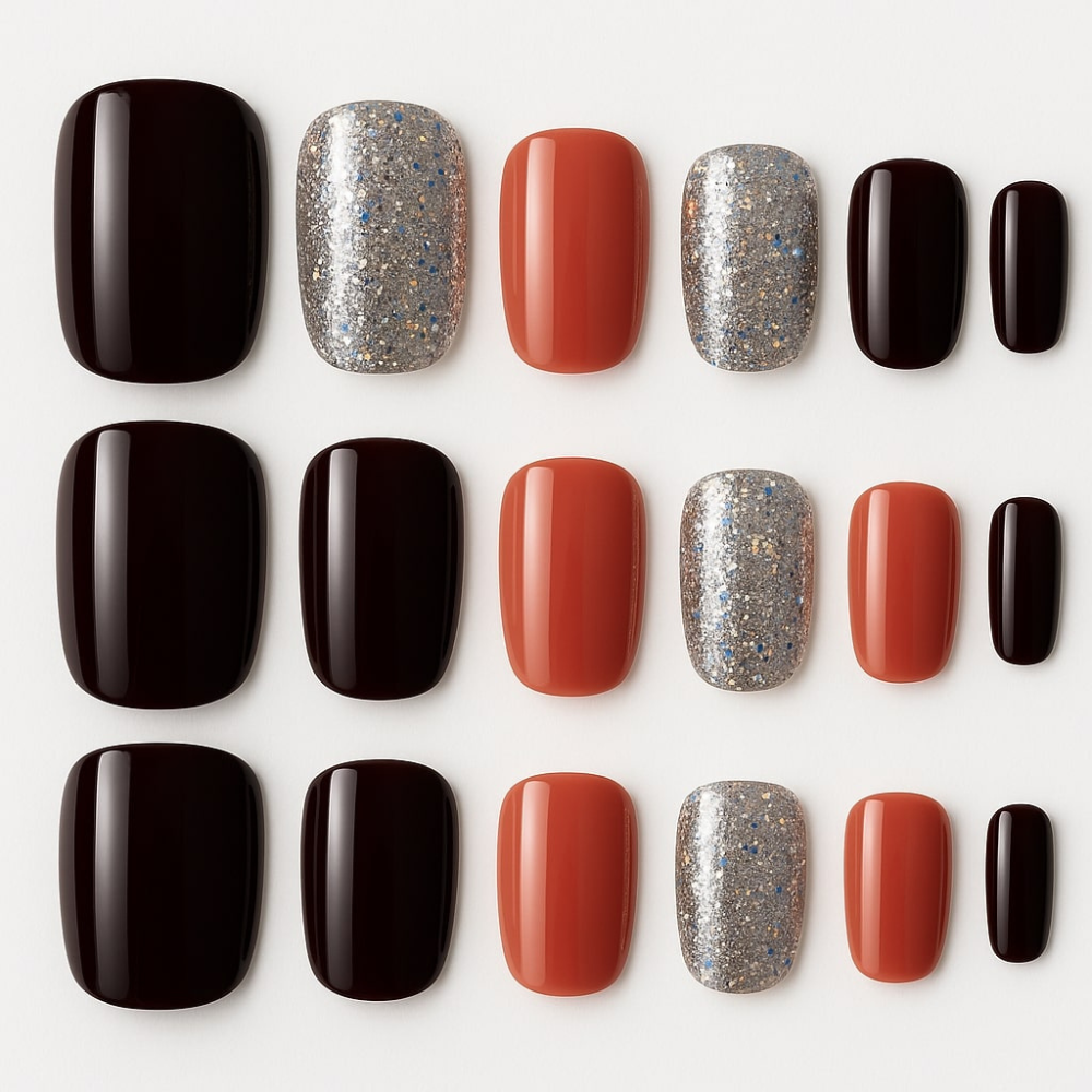 Burgundy & Glitter Press-On Nails – Autumn Glam Mixed Set.