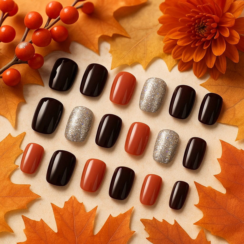 Burgundy & Glitter Press-On Nails – Autumn Glam Mixed Set.