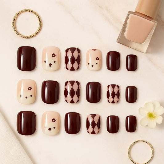 Burgundy & Nude Press On Nails – Argyle & Floral Bear Design.