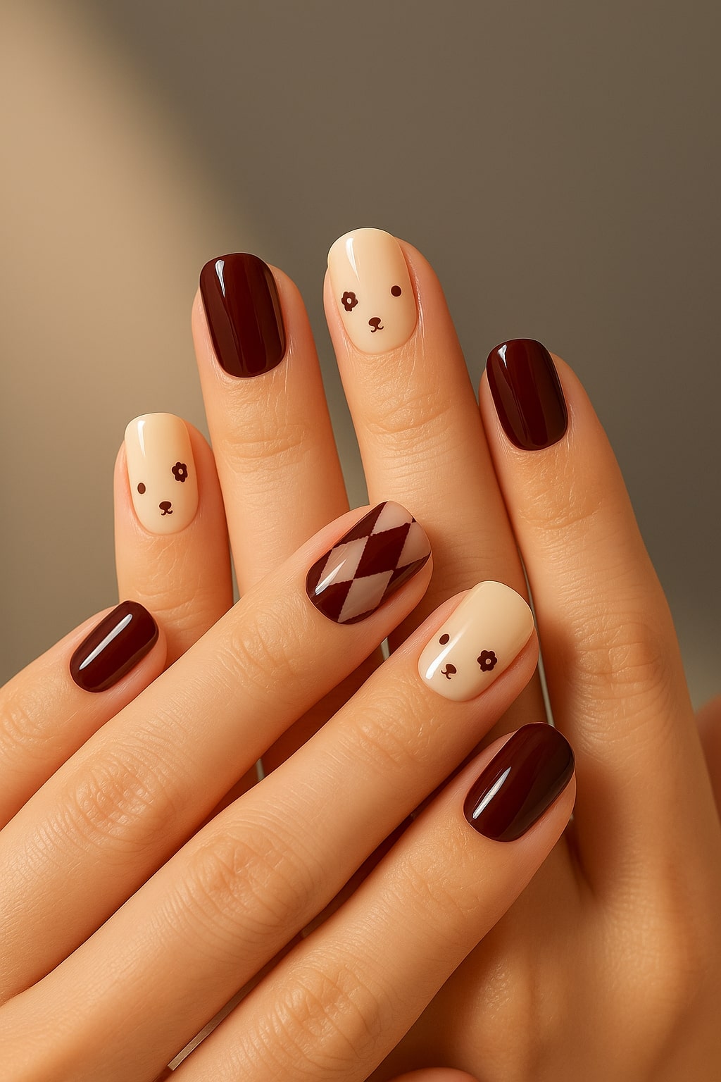 Burgundy & Nude Press-On Nails – Argyle & Floral Bear Design.