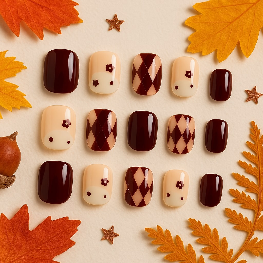 Burgundy & Nude Press-On Nails – Argyle & Floral Bear Design.