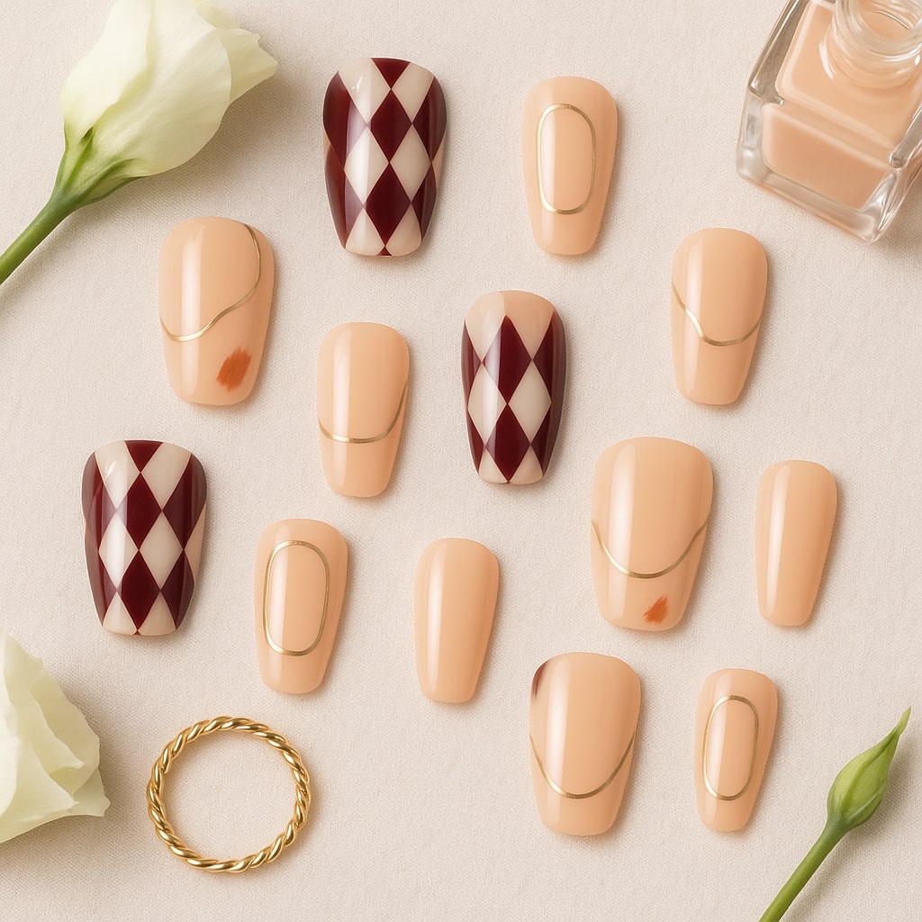 Burgundy & Nude Press-On Nails – Diamond Harlequin & Gold Accents.
