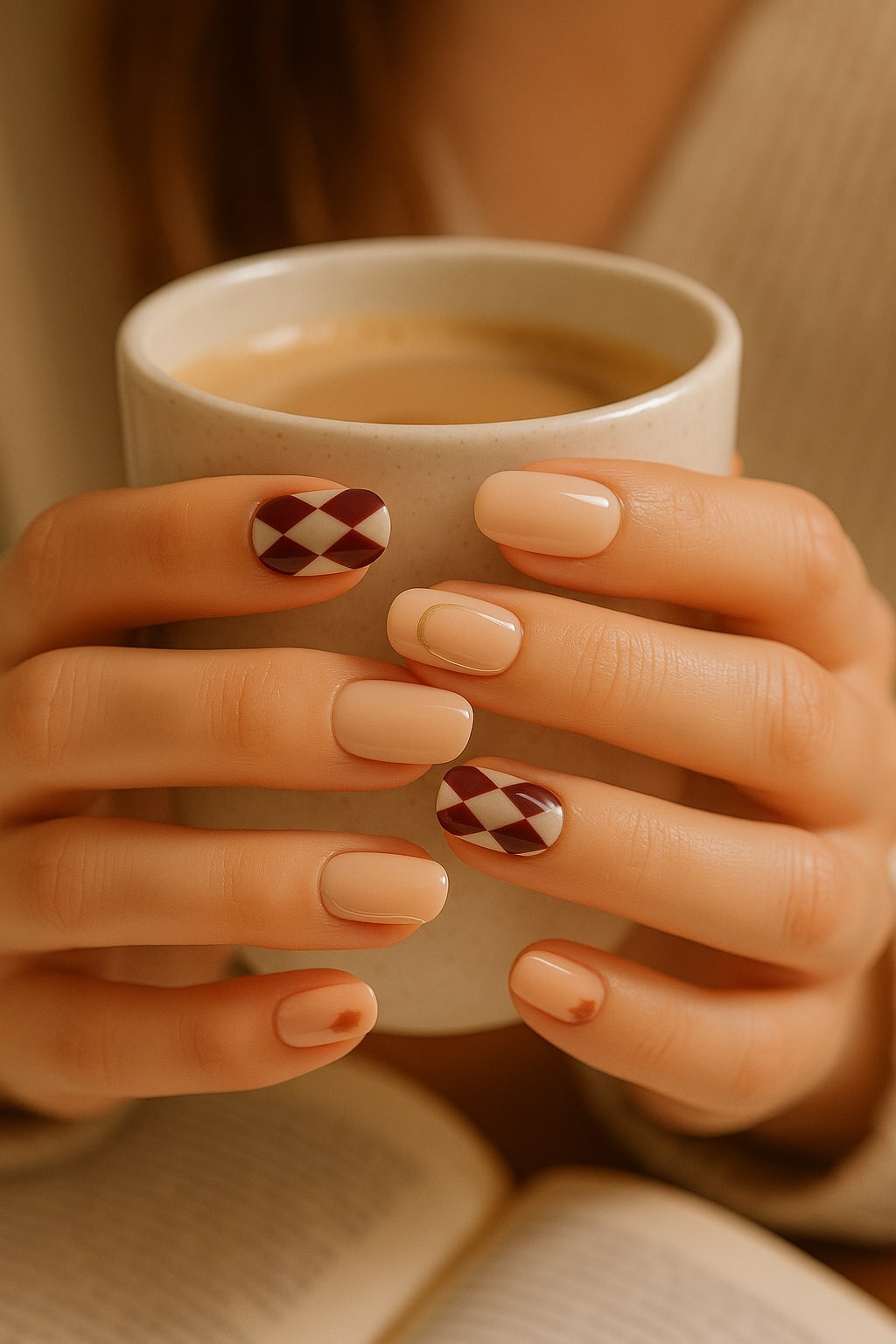 Burgundy & Nude Press-On Nails – Diamond Harlequin & Gold Accents.
