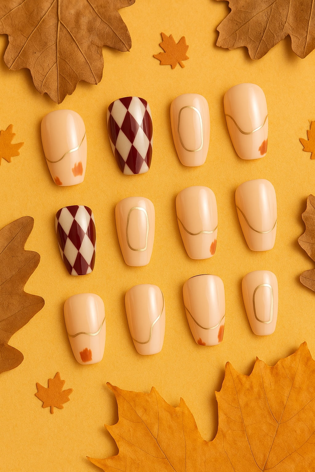 Burgundy & Nude Press-On Nails – Diamond Harlequin & Gold Accents.