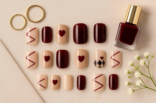 Burgundy & Nude Press On Nails – Heart & Geometric Accent Design.