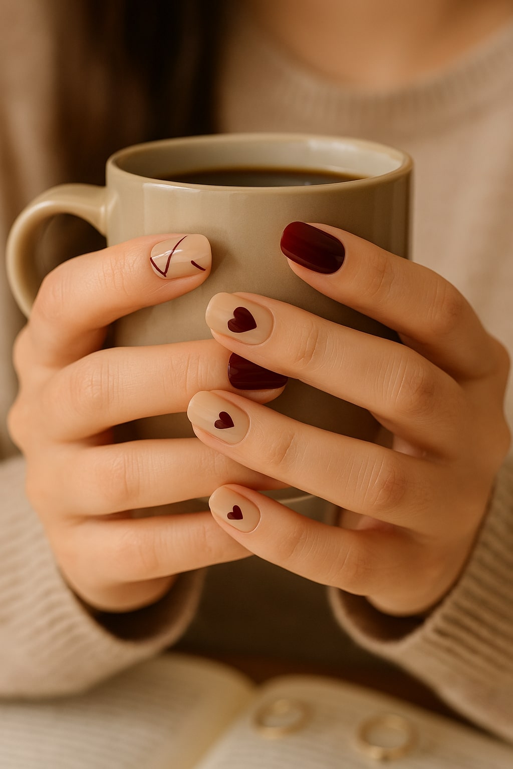 Burgundy & Nude Press-On Nails – Heart & Geometric Accent Design.