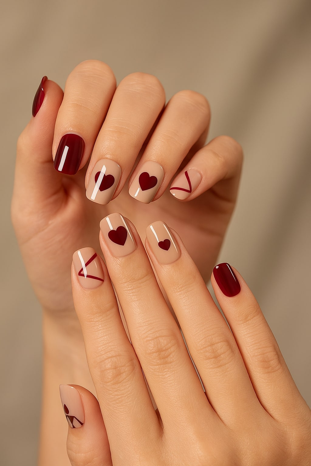Burgundy & Nude Press-On Nails – Heart & Geometric Accent Design.
