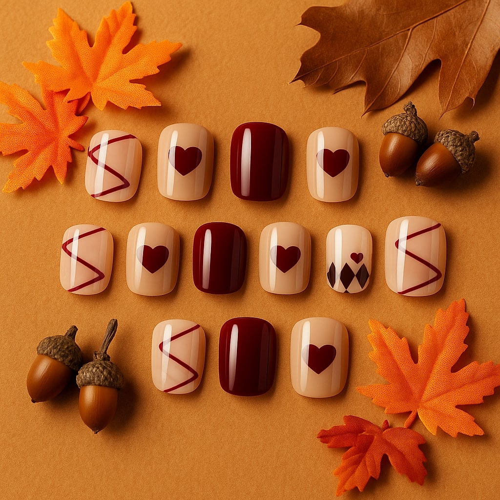 Burgundy & Nude Press-On Nails – Heart & Geometric Accent Design.