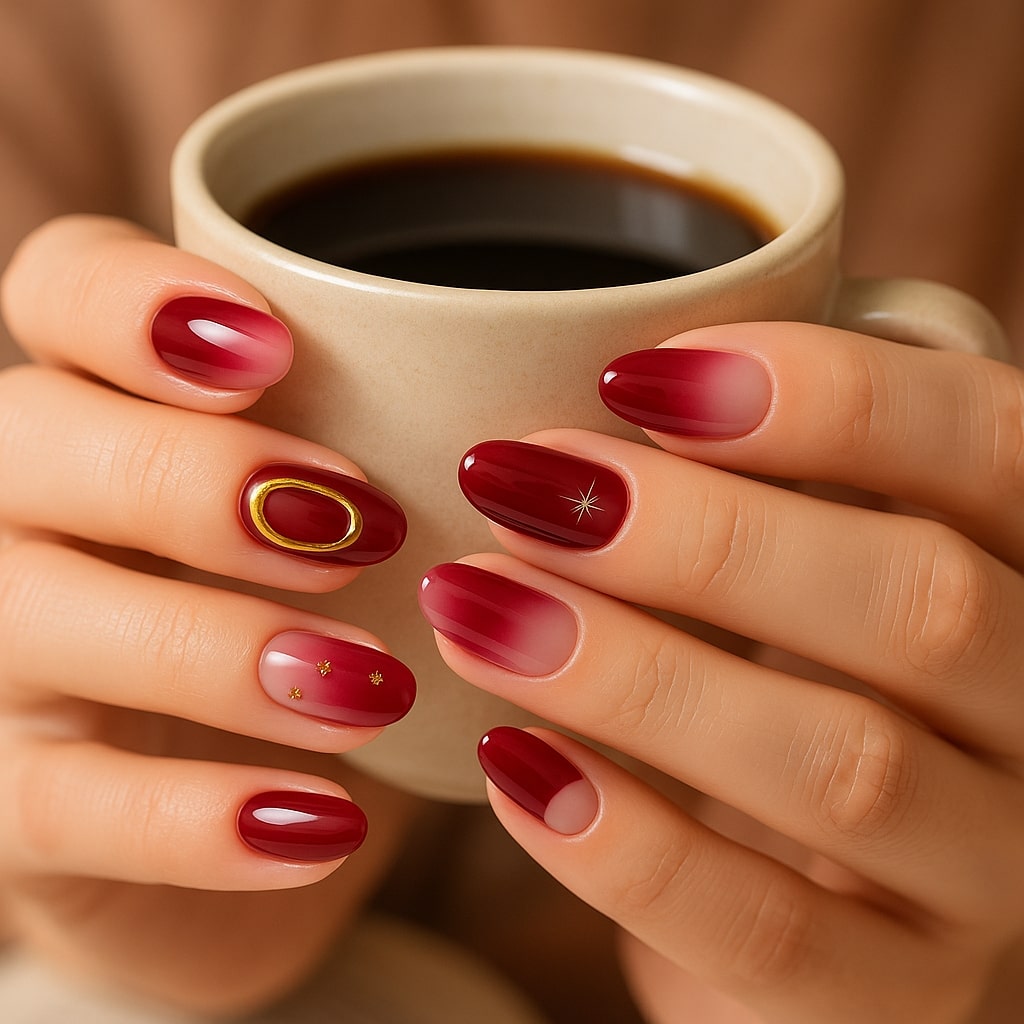 Burgundy & Pink Ombre Press-On Nails – Gold Accents & Glossy Finish.