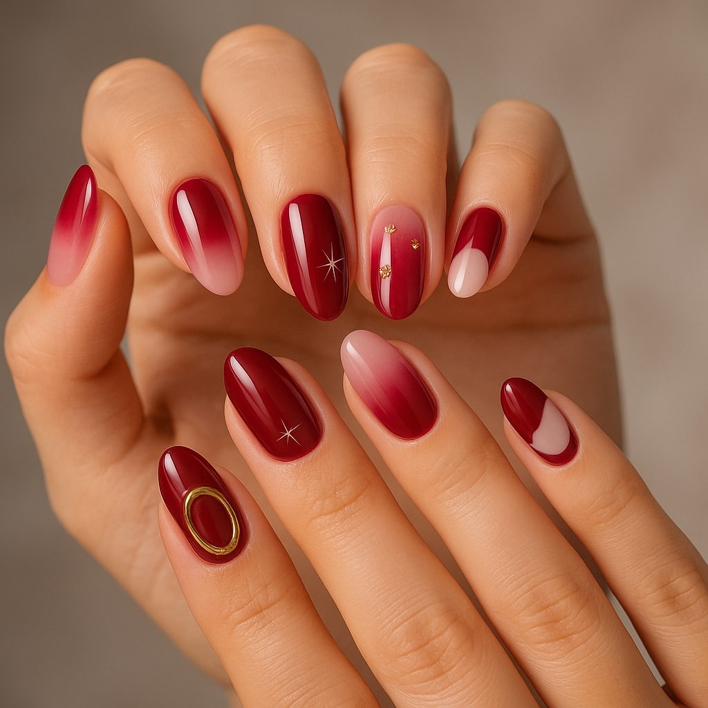 Burgundy & Pink Ombre Press-On Nails – Gold Accents & Glossy Finish.