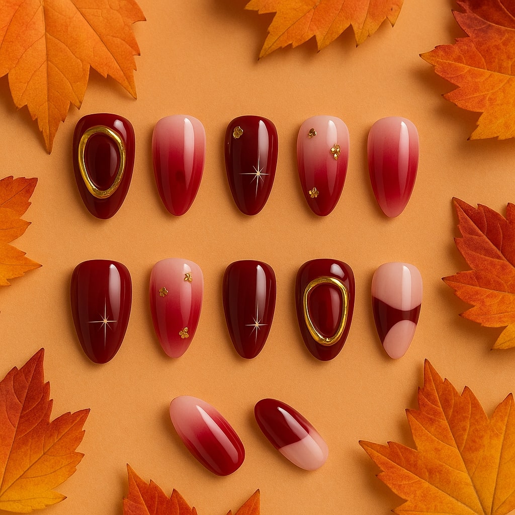 Burgundy & Pink Ombre Press-On Nails – Gold Accents & Glossy Finish.
