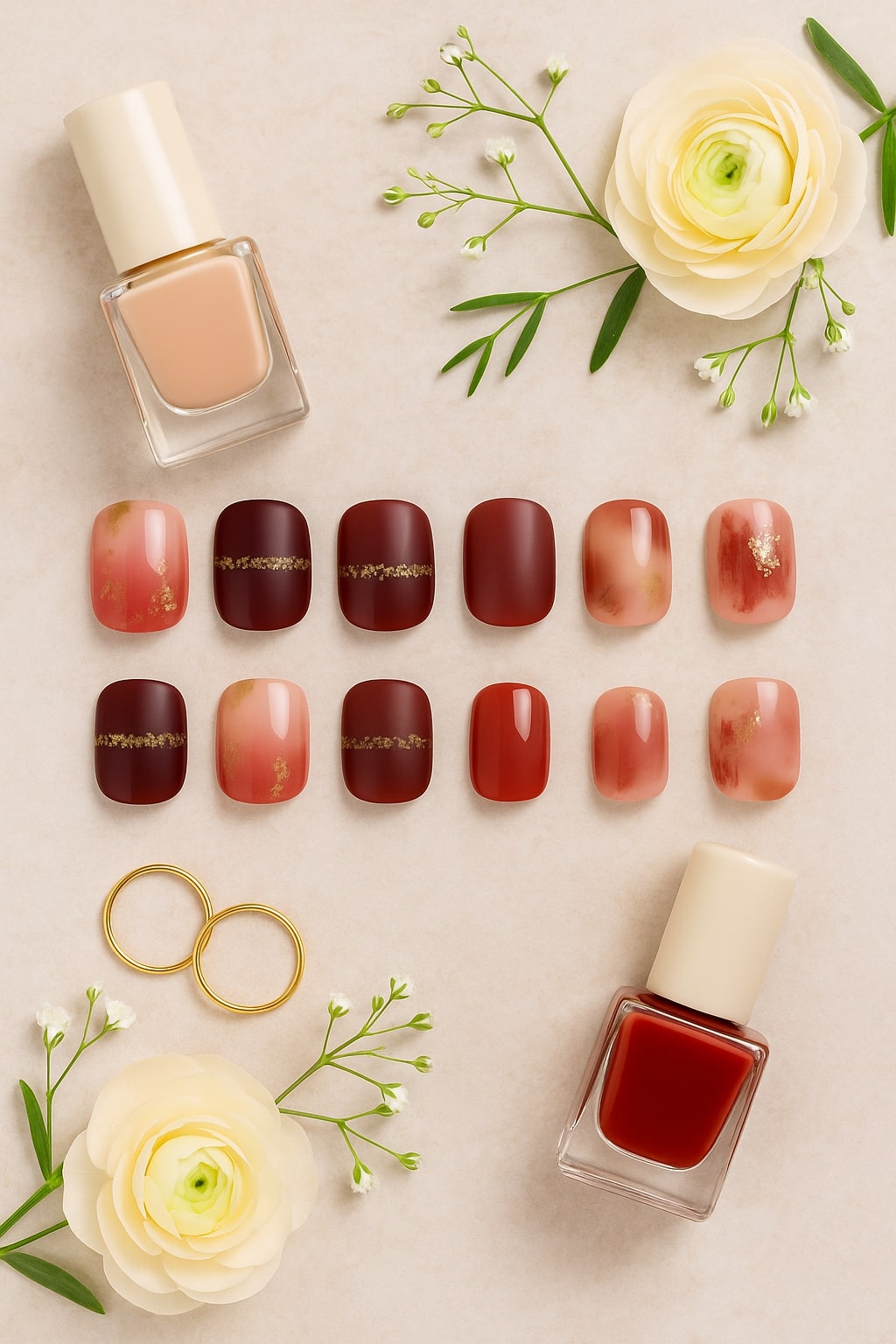 Burgundy & Rose Gold Press-On Nails – Marble Accent Design.