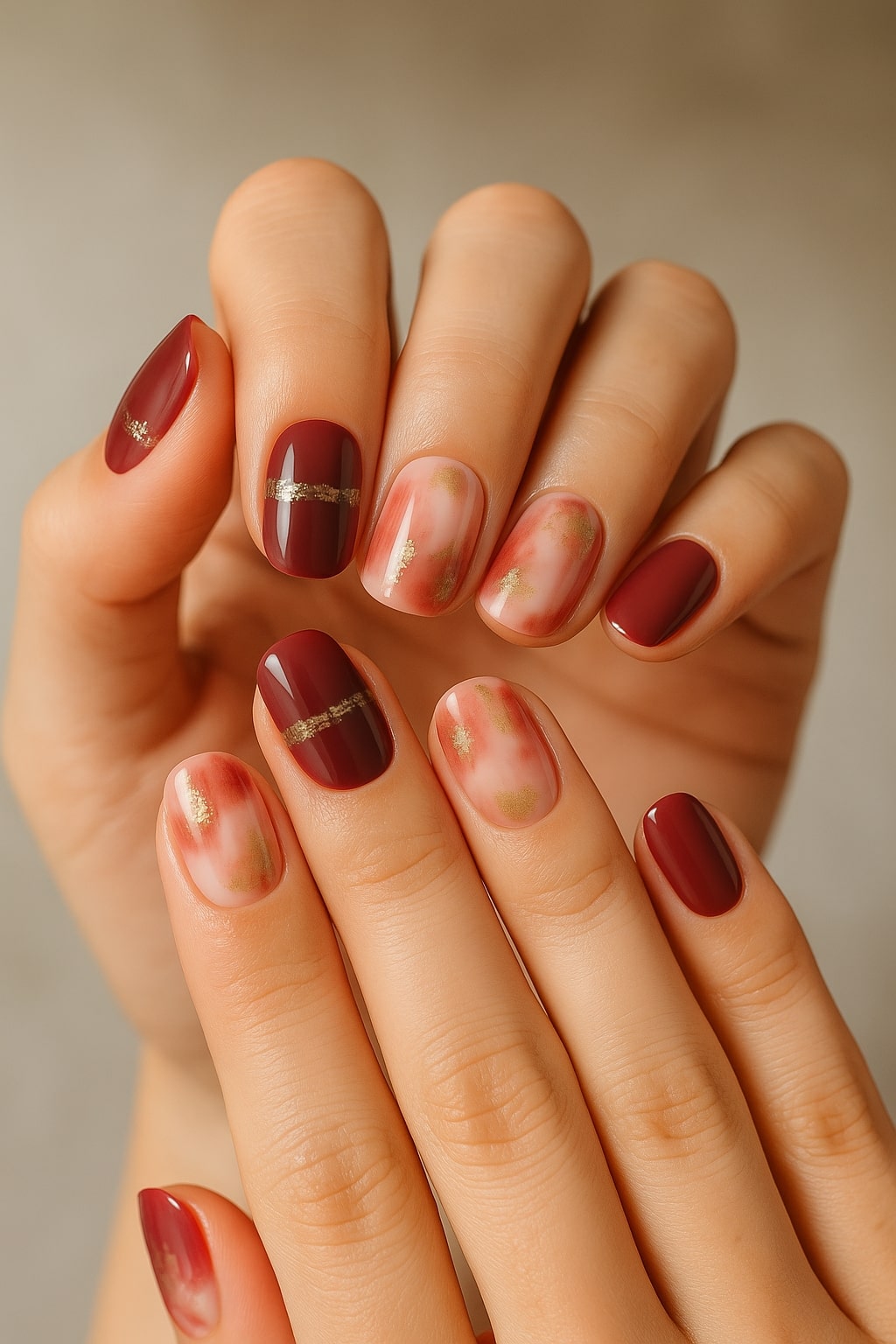 Burgundy & Rose Gold Press-On Nails – Marble Accent Design.