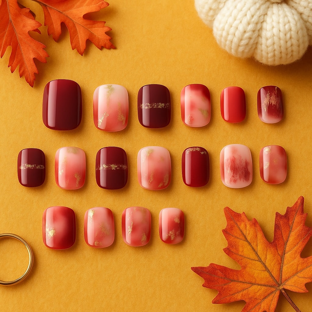 Burgundy & Rose Gold Press-On Nails – Marble Accent Design.