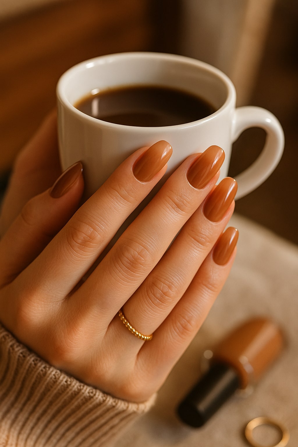 Caramel Brown Press-On Nails – Glossy Almond Elegance.